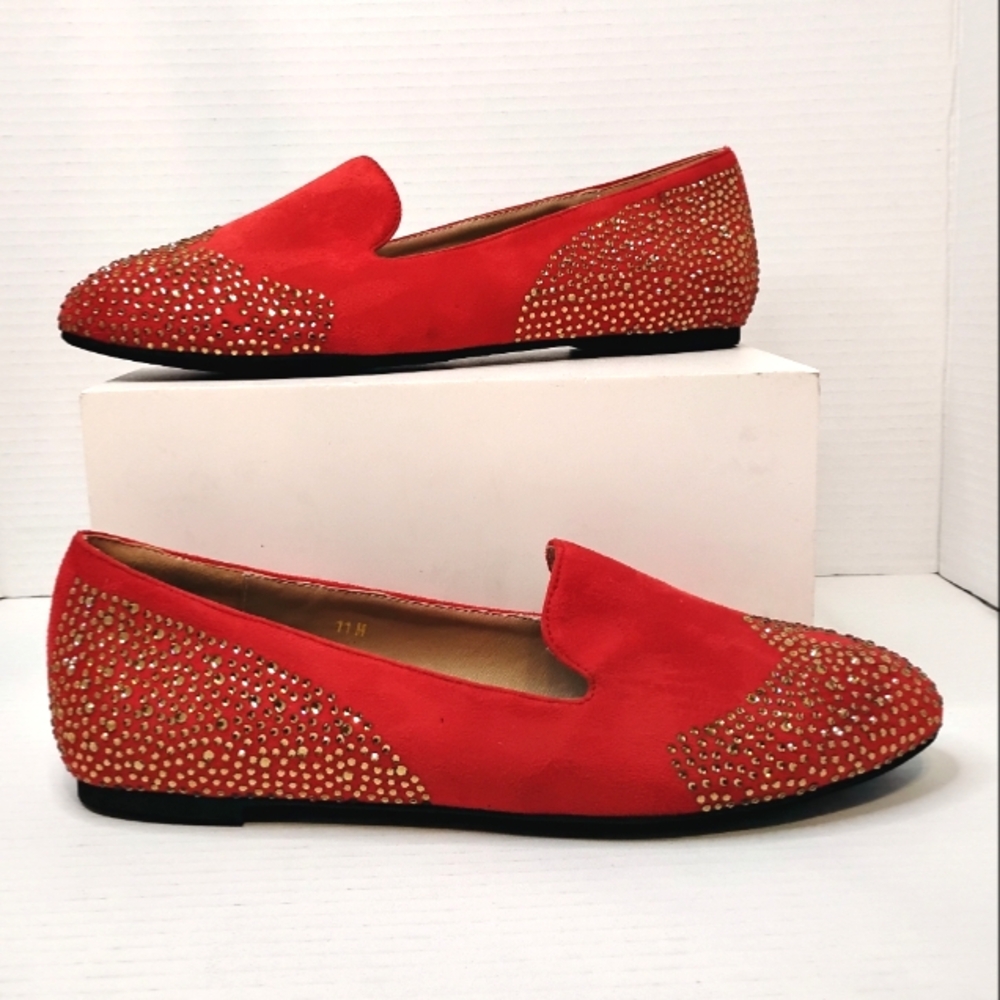New Ashro Red Holiday Flats Sparkle Rhinestone Ballet Slipper Sueded Shoe Sz 11